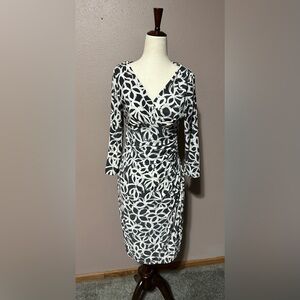 Ralph Lauren Dress 6 Black White 3/4 Sleeve V-Neck Ruched Faux Wrap Sheath